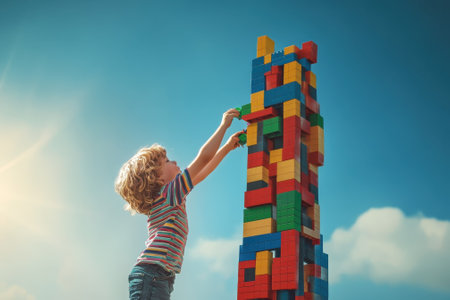 A young child constructs a tall tower using colorful building blocks outdoors while enjoying the sunny day.の写真素材