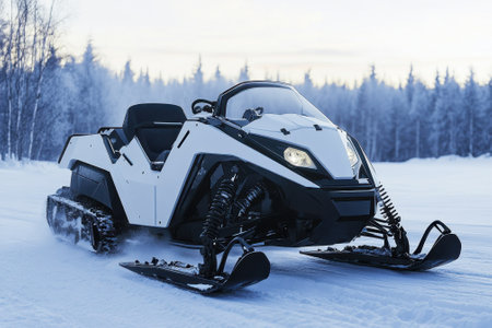 A sleek snowmobile speeds across a snowy terrain surrounded by tall, snow-covered trees in winter.の写真素材