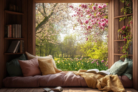 A serene spot features soft cushions and a book, framed by a vibrant garden in full spring bloom.の写真素材
