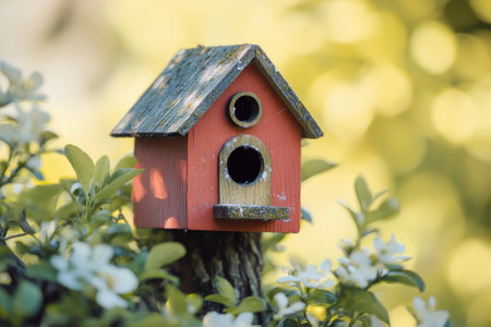 A vibrant red birdhouse stands out surrounded by lush green foliage and delicate flowers in sunlight.の写真素材
