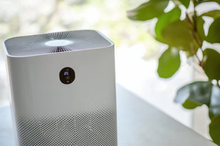 A sleek air purifier sits on a table, surrounded by indoor greenery, offering clean air in a sunny space.の写真素材