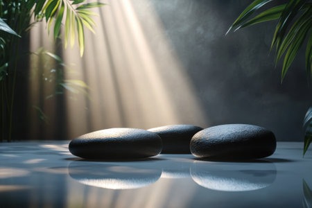 Smooth black stones rest on a reflective surface, illuminated by gentle rays of light through leaves.の写真素材