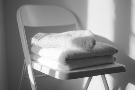 Clean towels are arranged in a stack on a chair, illuminated by natural sunlight streaming in.の写真素材