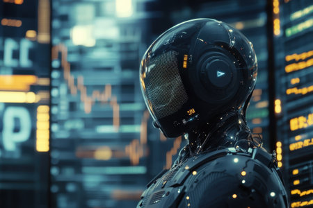 A sleek robot with a digital display face observes dynamic data streams in a modern tech setting.の写真素材