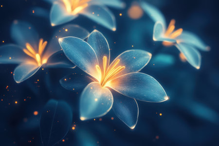 Softly glowing flowers illuminate the surroundings, creating a serene atmosphere in a dark setting.の写真素材