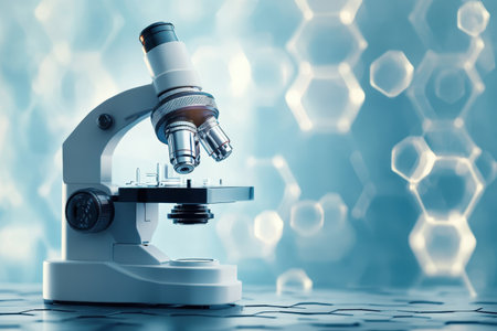 The microscope sits on a lab table, surrounded by blue hexagonal patterns, ready for scientific examination.の写真素材
