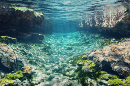 Sunlight shines through crystal clear water, illuminating a rich underwater landscape filled with rocks and plants.の写真素材
