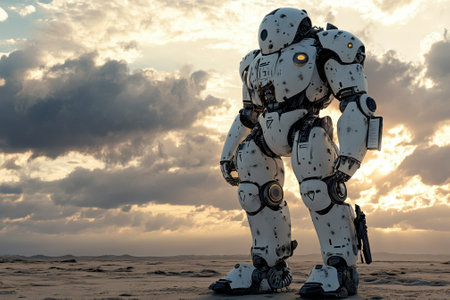 A humanoid robot stands still in a barren landscape under a colorful sunset sky, surrounded by clouds.の写真素材