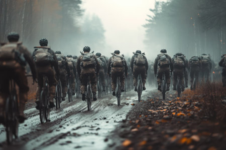 A group of soldiers rides bicycles on a muddy forest trail while fog envelops the landscape.の写真素材