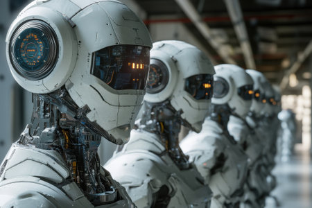 Humanoid robots display modern technology in a high-tech facility during a public exhibition event.の写真素材