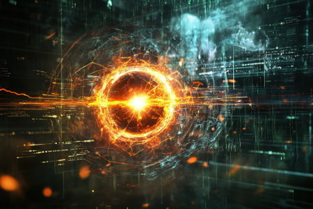 Glowing orb at the center emits fiery light while digital patterns swirl around it, showing a sci-fi atmosphere.の写真素材