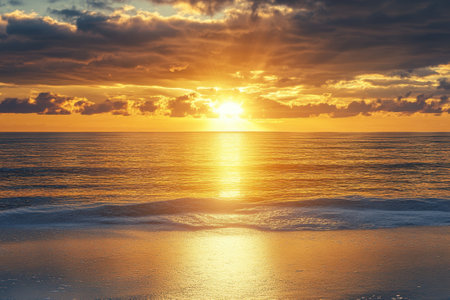 Majestic sunset illuminates the sky and ocean with hues of gold and orange as waves gently lap the shore.の写真素材