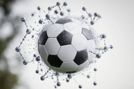 A soccer ball floats amidst molecular structures, illustrating the connection between sports and science.の写真素材