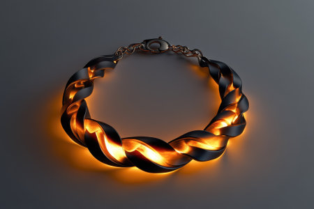 An intricate braided necklace shines with warm tones, elegantly displayed on a modern background.の写真素材