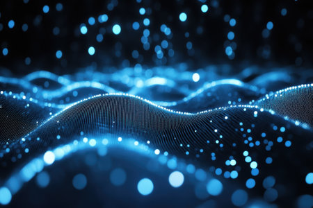 Blue wave-like patterns illuminated by countless particles create a mesmerizing digital atmosphere.の写真素材