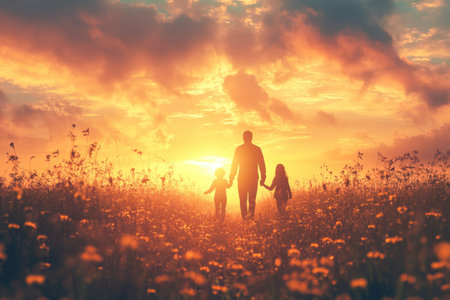 A father enjoys a walk with his son and daughter, holding hands in a sunlit flower-filled field.の写真素材