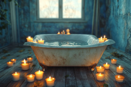 A vintage bathtub filled with water sits in a softly lit room surrounded by glowing candles and calming decor.の写真素材