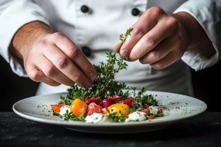 Culinary expert artfully garnishes a vibrant salad with fresh herbs and colorful vegetables in a kitchen.の写真素材