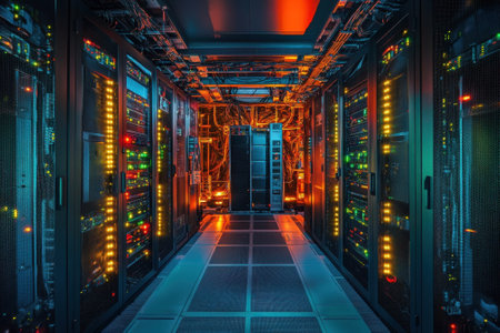 A high-tech data center features glowing server racks filled with colorful lights during nighttime hours.の写真素材