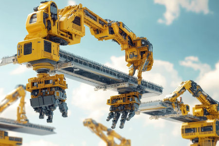 Robotic arms work collaboratively to assemble large components in an industrial environment during daytime.の写真素材