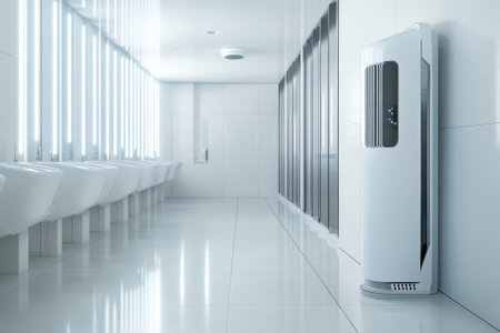 Well-designed restroom featuring clean lines, bright lighting, and a modern air conditioning unit in a public space.の写真素材