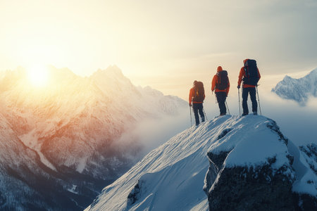 Climbers dressed in bright jackets gaze at the stunning sunrise from a snowy mountaintop.の写真素材