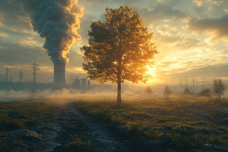 A solitary tree stands in a field as the sun rises behind industrial smokestacks, creating a dramatic atmosphere.の写真素材