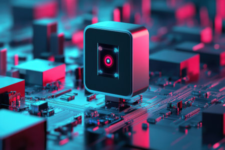 A sleek device stands prominently on a circuit board, illuminated by vibrant blue and red lights, showcasing technology.の写真素材