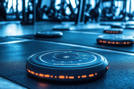 Futuristic workout equipment with glowing features rests on a gym floor, creating a motivating training environment.の写真素材