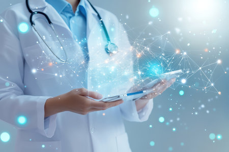 A healthcare worker utilizes a tablet to explore digital healthcare solutions in a clinical environment.の写真素材
