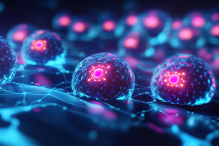 Colorful spheres representing cells are interconnected by bright lines, evoking a sense of a digital universe.の写真素材