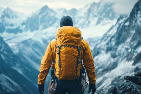 A climber stands on a rocky ledge, gazing at the breathtaking snow-capped peaks in the distance.の写真素材
