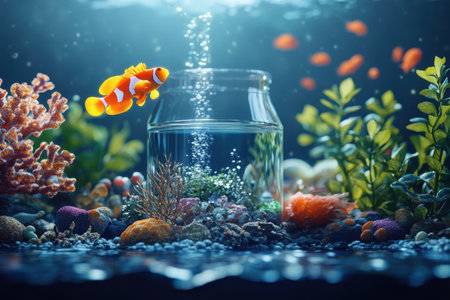 A lively clownfish explores a richly decorated aquarium featuring coral and aquatic plants.の写真素材