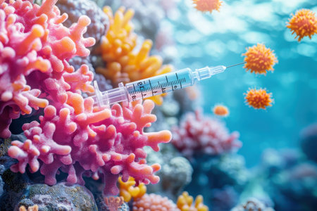 A syringe is seen among colorful coral formations, showing the effects of pollution on marine life.の写真素材