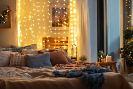 Soft bedding and warm string lights create a cozy and inviting bedroom ambiance ideal for relaxation.の写真素材