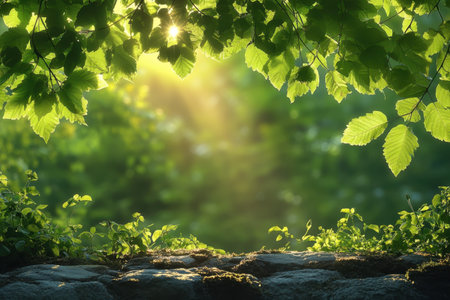 Bright green leaves create a captivating view as sunlight streams into the peaceful garden at dawn.の写真素材