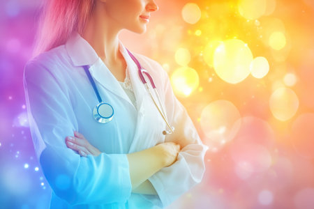 A healthcare professional stands with arms crossed, exuding confidence against a vibrant, blurred backdrop.の写真素材
