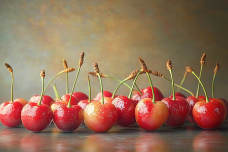 Rows of fresh cherries display their shiny skin and bright colors, showing the rich harvest.の写真素材