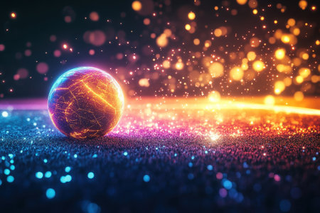 A luminous sphere shimmers amid dynamic light particles in a magical cosmic setting, creating vibrant effects.の写真素材