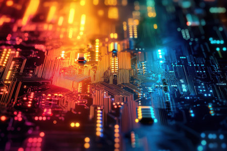 A mesmerizing display of colorful lights on a circuit board, showing intricate electronic patterns.の写真素材