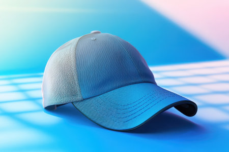 A trendy blue cap featuring a textured design rests on a colorful background, showcasing modern fashion.の写真素材