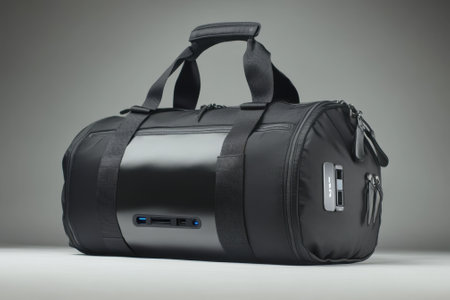 This duffel bag combines practicality with style, featuring charging ports and a sleek design ideal for travel.の写真素材