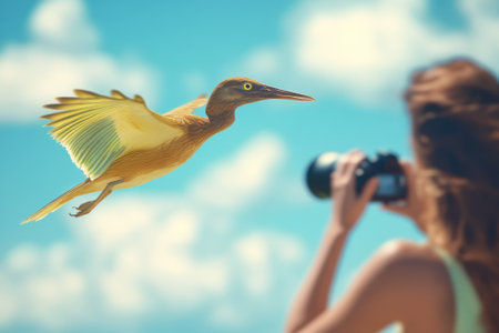 A woman takes photographs of a bird soaring above under a bright blue sky filled with fluffy clouds.の写真素材