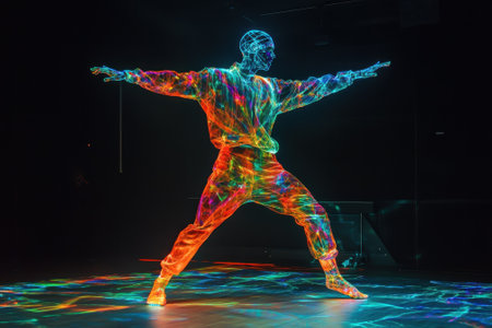 A dancer in a glowing suit performs with vibrant holographic light patterns illuminating the dark space.の写真素材