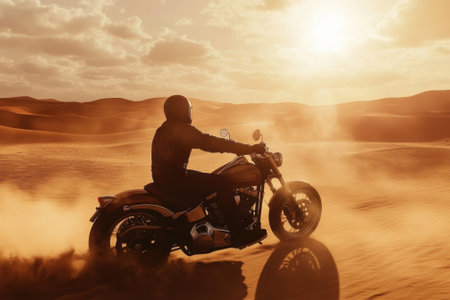 A rider on a motorcycle cruises through a desert landscape during sunset, kicking up sand behind.の写真素材
