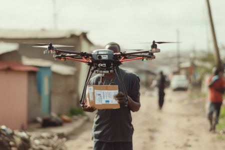 A person stands in a dirt road holding a package while a drone hovers above, highlighting delivery innovation.の写真素材