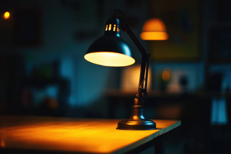 A desk lamp casts warm light over a wooden table in a softly lit room at night, creating an inviting atmosphere.の写真素材