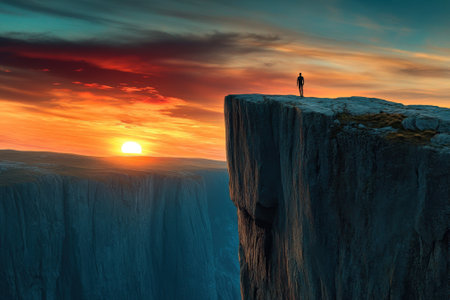 A person stands on a cliff at sunset, gazing at a vast landscape illuminated by vibrant colors.の写真素材