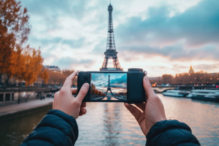 A person holds a camera to capture the Eiffel Tower against a beautiful sunset in Paris.の写真素材