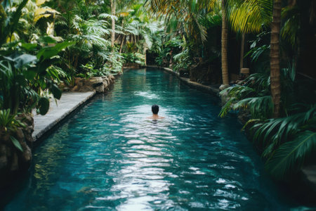 A person swims in calm water, bordered by vibrant tropical plants in a peaceful setting.の写真素材